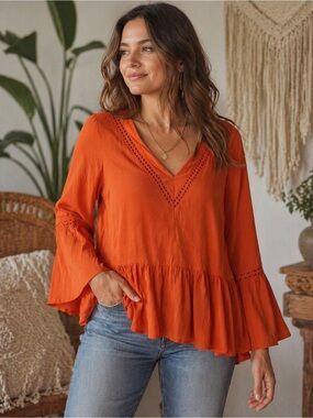 NWT Earthy Rust Orange Boho Bell Sleeve Peplum Top‎ XL NWT Rusty Dusty